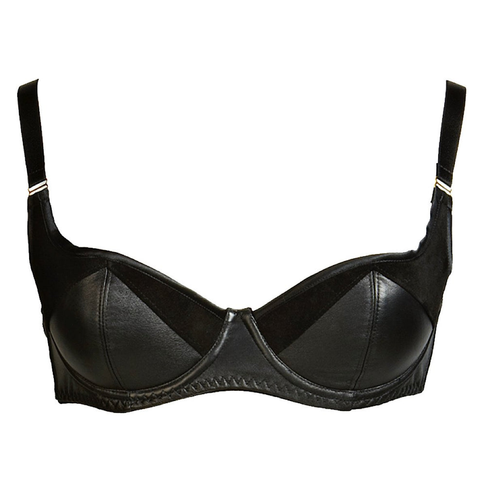 This luxury bra is handmade in the UK from real leather and has padded cups