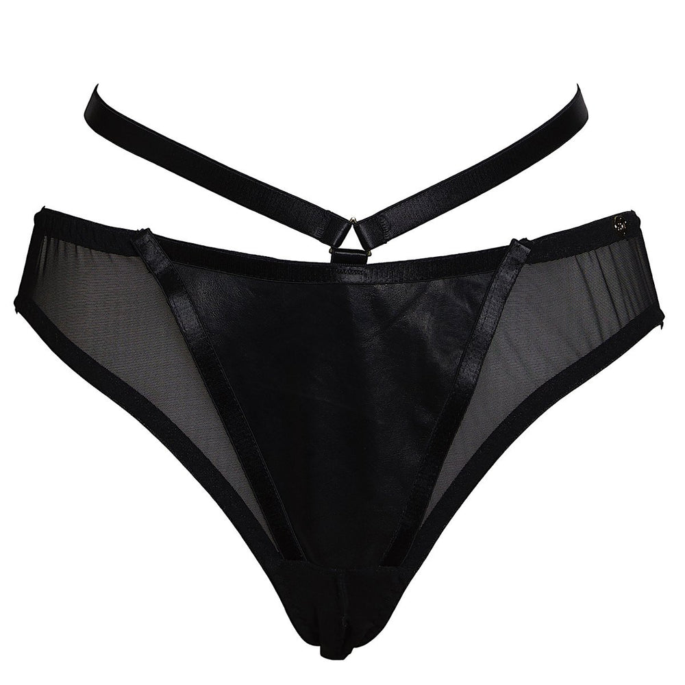 Leather bare bum back panties with an open crotch seam