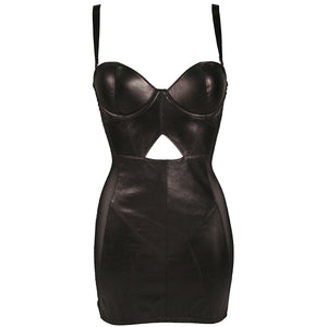 
                  
                    Load image into Gallery viewer, Bodycon black edgy real leather dress with shoulder straps
                  
                