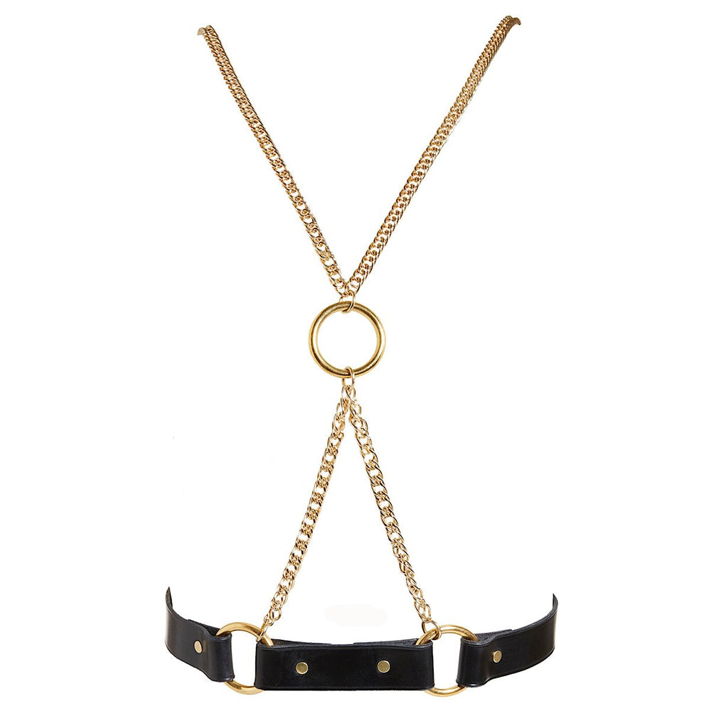 High end edgy body harness handmade from real leather with gleaming gold metal work