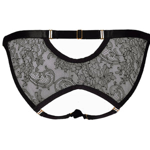 
                  
                    Load image into Gallery viewer, Black luxury lace open crotch knickers with a back peep bum detail.
                  
                