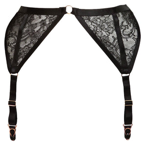
                  
                    Load image into Gallery viewer, Beautiful handmade luxury lace suspender belt in black French Chantilly lace.
                  
                