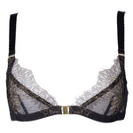 A black luxury bralette handmade in French lace with delicate gold thread.