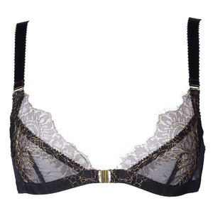 
                  
                    Load image into Gallery viewer, A black luxury bralette handmade in French lace with delicate gold thread.
                  
                