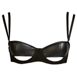 This black edgy leather bra features cut out peep details