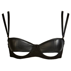 
                  
                    Load image into Gallery viewer, This black edgy leather bra features cut out peep details
                  
                