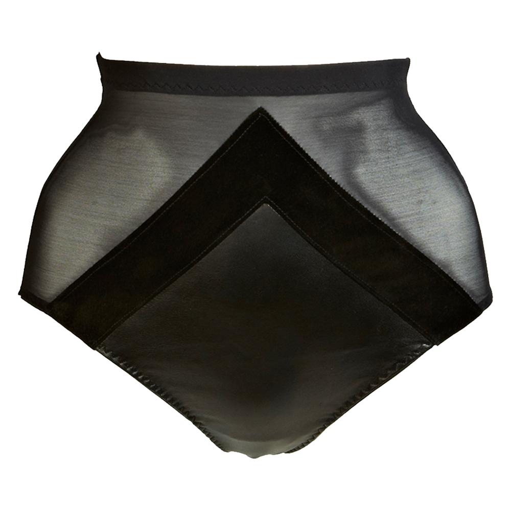 Real leather black high waist panties that reveal a wicked peep bum detail at the back front view