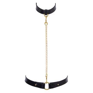 
                  
                    Load image into Gallery viewer, Bondage real leather collar teamed with an adjustable real leather belt joined by gleaming gold chain
                  
                