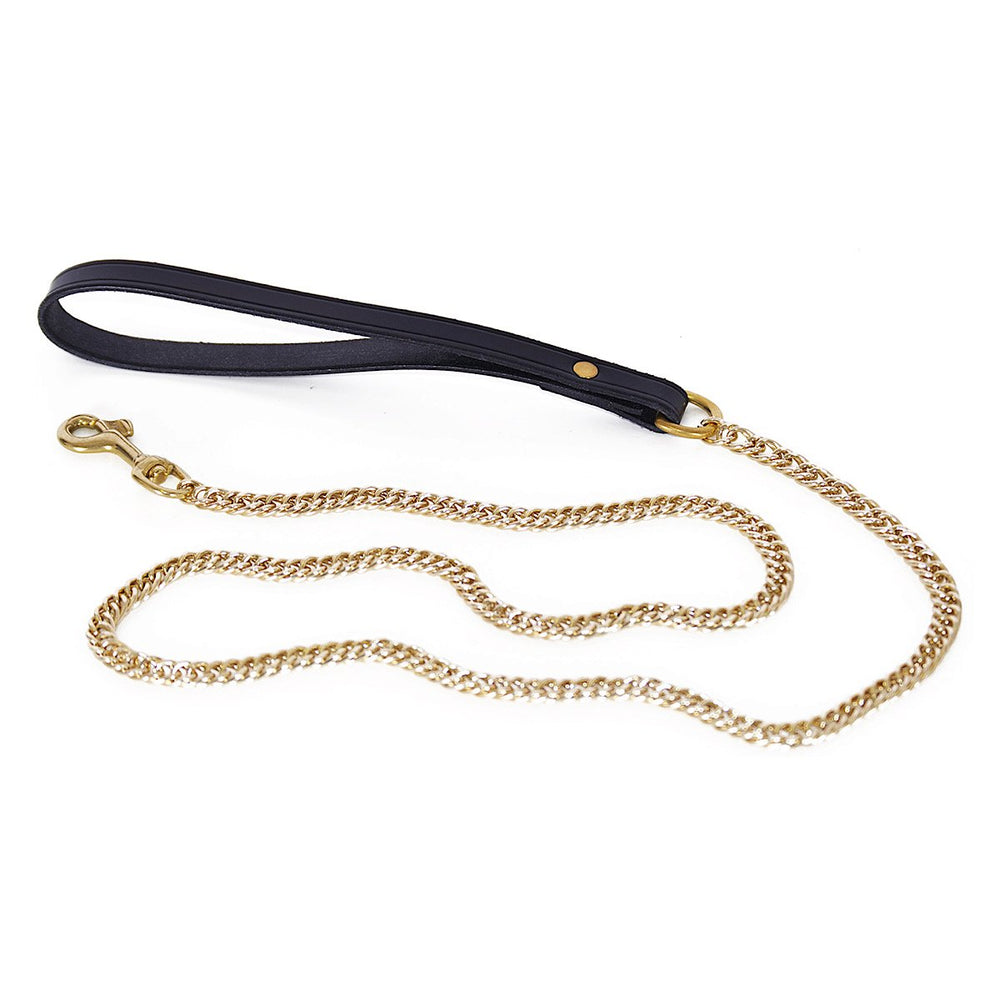 Bondage bdsm inspired real leather leash with gleaming gold metal chain