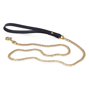 
                  
                    Load image into Gallery viewer, Bondage bdsm inspired real leather leash with gleaming gold metal chain
                  
                