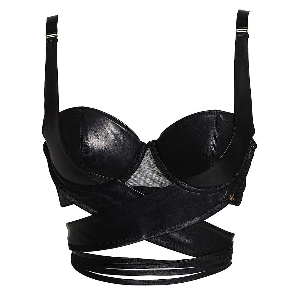 This luxurious real leather, underwired, padded Balconette bra has a bondage inspired aesthetic.