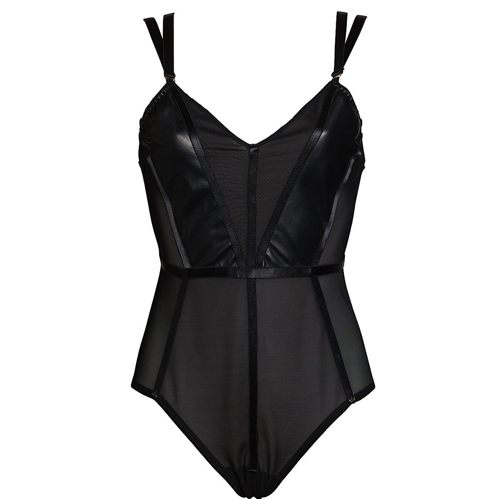 A stunning leather and mesh bodysuit with an peep bum back and a kinky open crotch seam