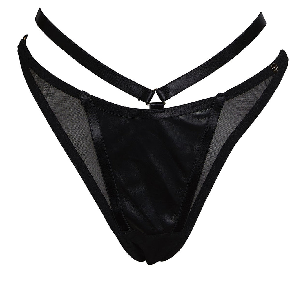 A high end black thong with real leather panels and double elastic straps