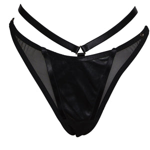
                  
                    Load image into Gallery viewer, A high end black thong with real leather panels and double elastic straps
                  
                