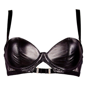 
                  
                    Load image into Gallery viewer, Real leather, underwired, padded balconette bra handmade in the UK
                  
                