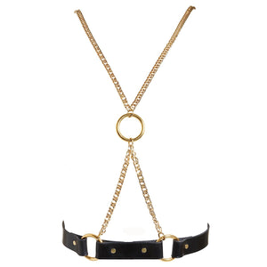 
                  
                    Load image into Gallery viewer, High end edgy body harness handmade from real leather with gleaming gold metal work
                  
                